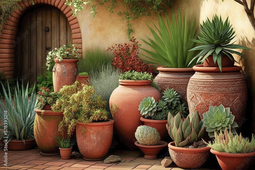 garden with terracotta pots